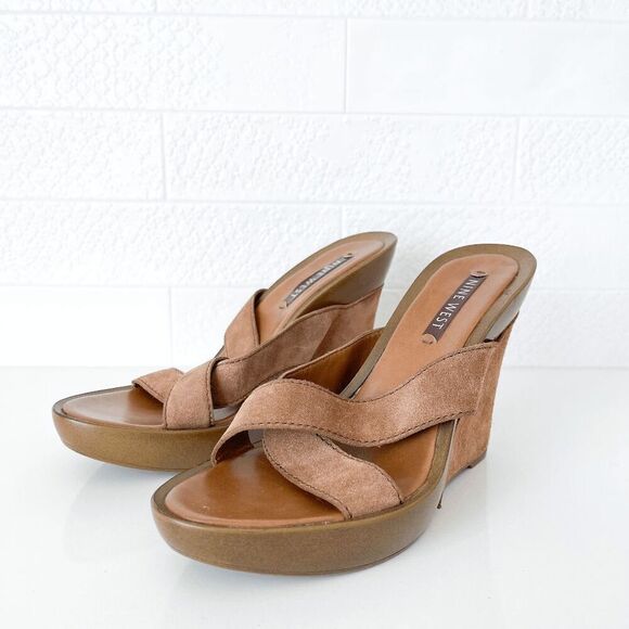 Nine West Womens Maylin Suede Leather Crisscross Strap Wedge Sandals Brown Size - Picture 1 of 7